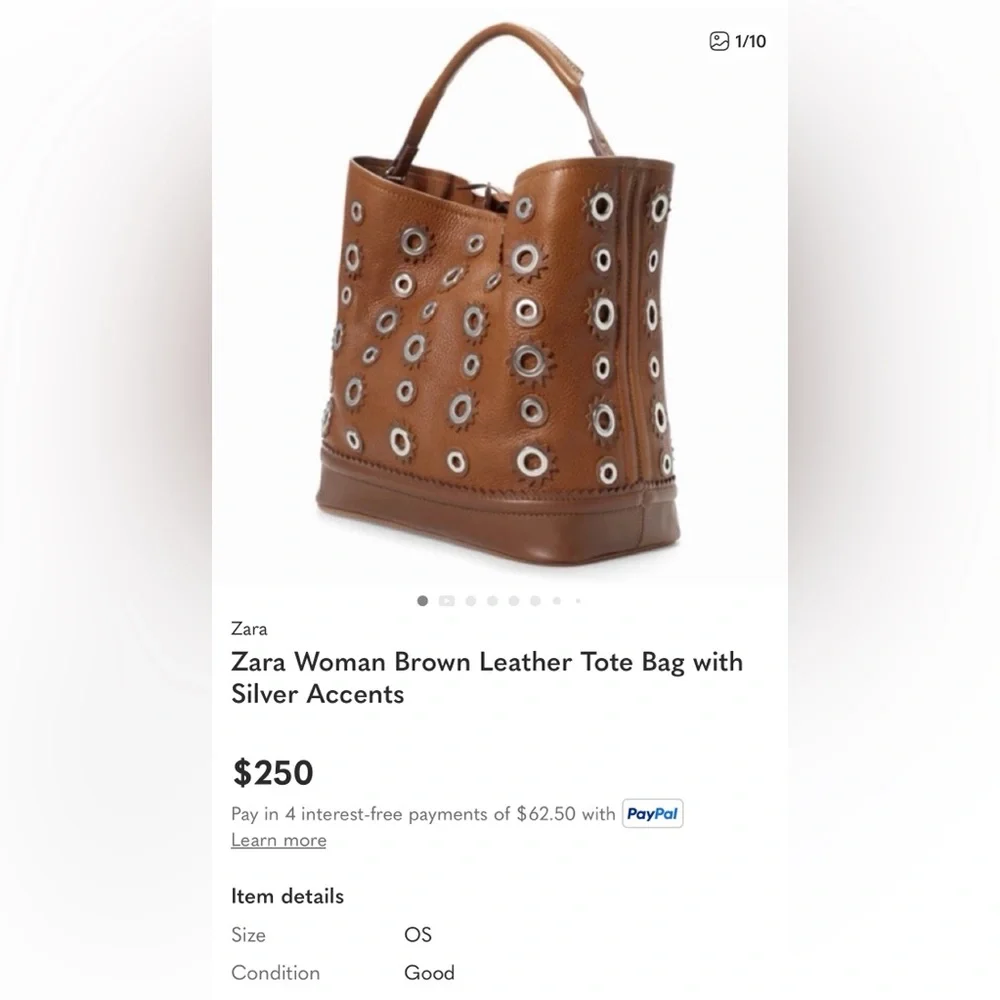 Zara Two Toned Brown Tan Silver Eyelet Accents Leather Bucket Bag Style Tote - Picture 9 of 9